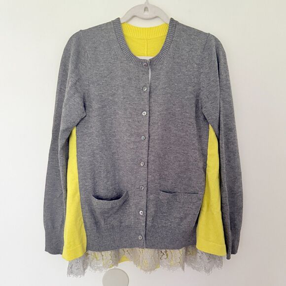 Sacai Wool Blend Lace Docking Gray Yellow Paneled Knit Japan Cardigan Sz 2 (M) - Picture 1 of 8